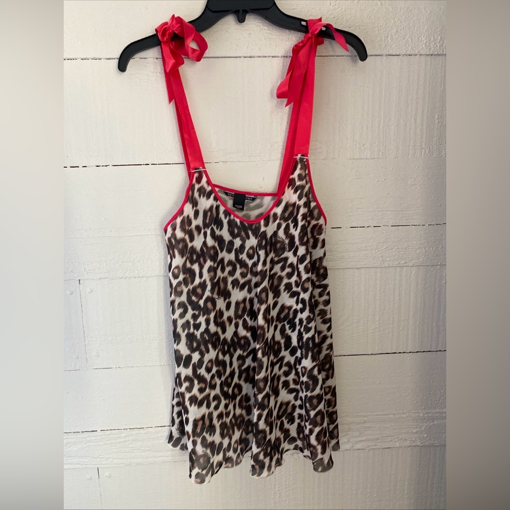 Victoria’s Secret Leopard Print Mesh Chemise/Camisole Red Ribbon Tie Strap Small